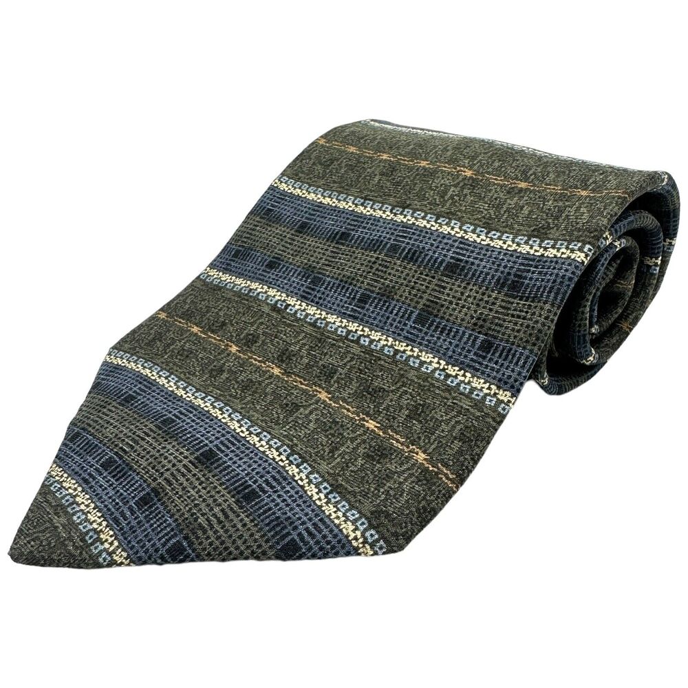J. Ferrar Blue Olive Geometric Stripe Silk Necktie Men's Business Classic 60"‎
